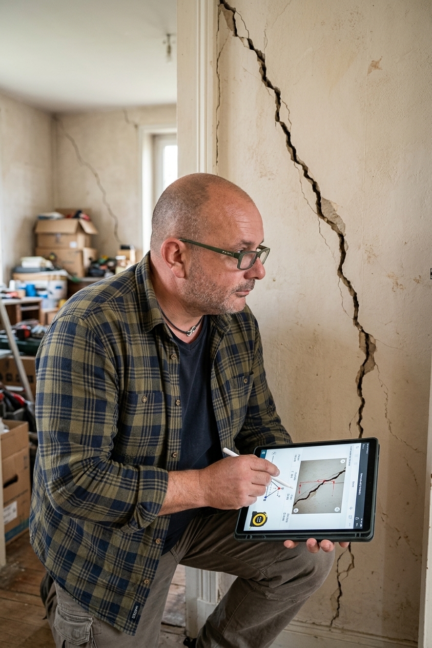 Inspection d'une fissure structurelle dans un logement